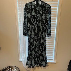 Black with blue accent flowers. Midi dress with belt form Zara